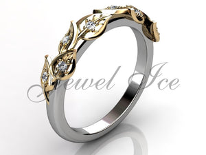 Floral Wedding Band - 14k White and Yellow Gold Diamond Unusual Unique Leaf and Vine Floral Wedding Band