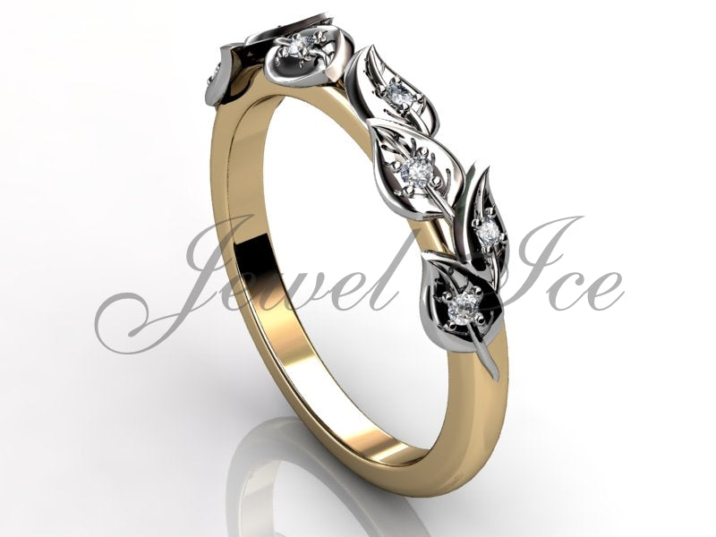 Floral Wedding Band - 14k Yellow and White Gold Diamond Unusual Unique Leaf and Vine Floral Wedding Band