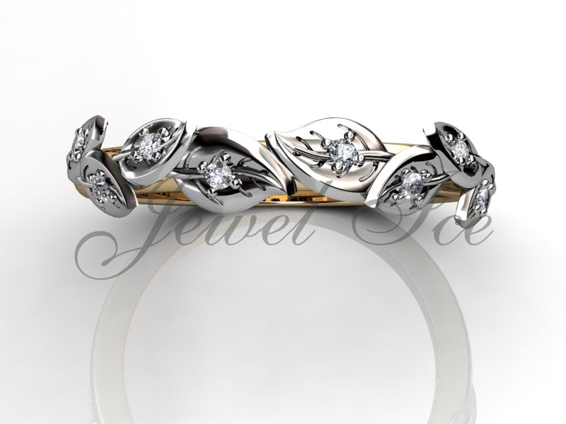 Floral Wedding Band - 14k Yellow and White Gold Diamond Unusual Unique Leaf and Vine Floral Wedding Band