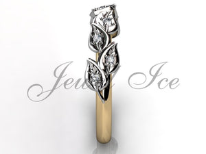 Floral Wedding Band - 14k Yellow and White Gold Diamond Unusual Unique Leaf and Vine Floral Wedding Band