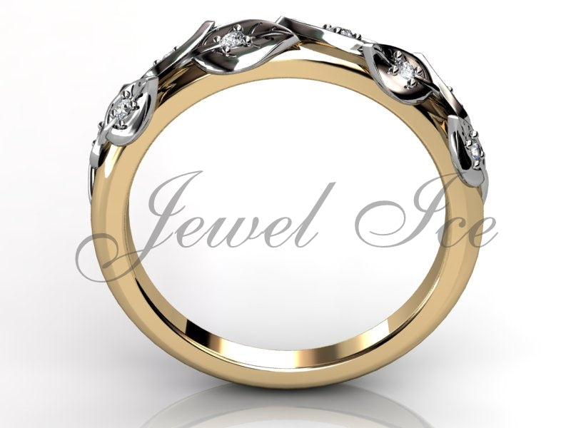 Floral Wedding Band - 14k Yellow and White Gold Diamond Unusual Unique Leaf and Vine Floral Wedding Band