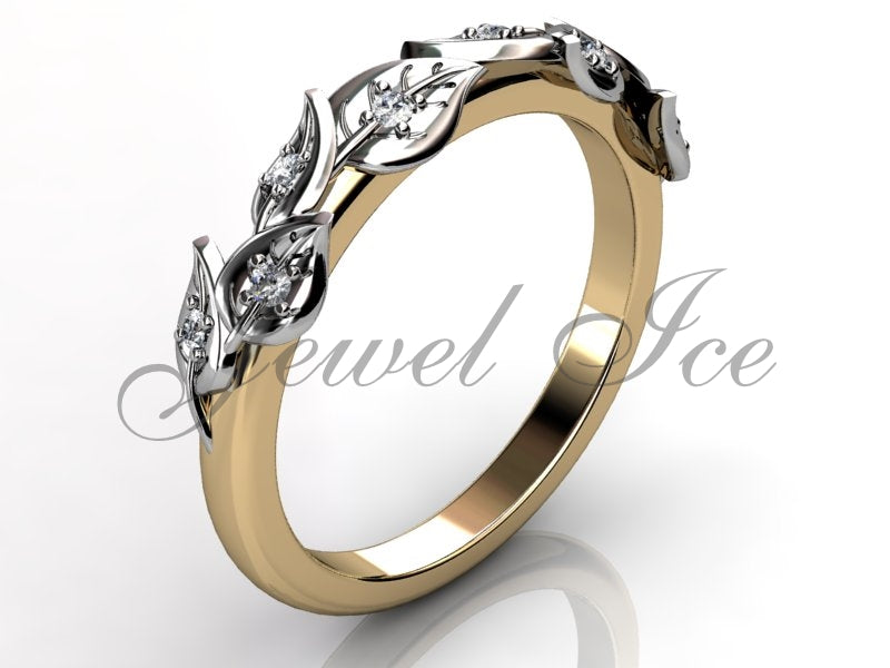 Floral Wedding Band - 14k Yellow and White Gold Diamond Unusual Unique Leaf and Vine Floral Wedding Band