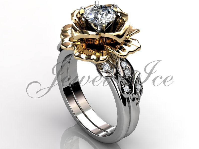 14k Two Tone white and yellow gold diamond unusual unique flower engagement ring, wedding ring, flower engagement set