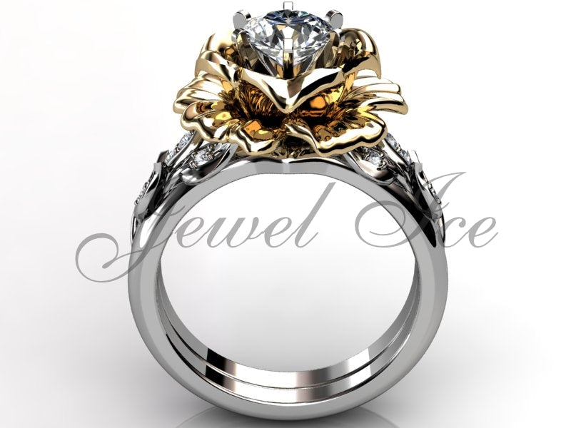 14k Two Tone white and yellow gold diamond unusual unique flower engagement ring, wedding ring, flower engagement set