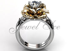 Load image into Gallery viewer, 14k Two Tone white and yellow gold diamond unusual unique flower engagement ring, wedding ring, flower engagement set