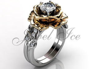 14k Two Tone white and yellow gold diamond unusual unique flower engagement ring, wedding ring, flower engagement set