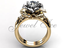 Load image into Gallery viewer, 14k Two Tone yellow and white gold diamond unusual unique flower engagement ring, bridal ring, wedding ring, flower engagement set