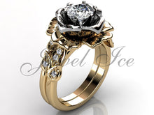 Load image into Gallery viewer, 14k Two Tone yellow and white gold diamond unusual unique flower engagement ring, bridal ring, wedding ring, flower engagement set