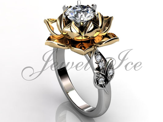 Lotus Flower Engagement Ring - 14k White & Yellow Gold Diamond Unique Lotus Flower Engagement Ring, Lotus Flower Wedding Ring