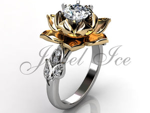 Lotus Flower Engagement Ring - 14k White & Yellow Gold Diamond Unique Lotus Flower Engagement Ring, Lotus Flower Wedding Ring