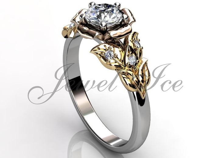 Leaves & Flower Engagement Ring - 14k Three Tone White, Rose and Yellow Gold Diamond Unique Leaf Flower Engagement Ring, Leaf Wedding Ring