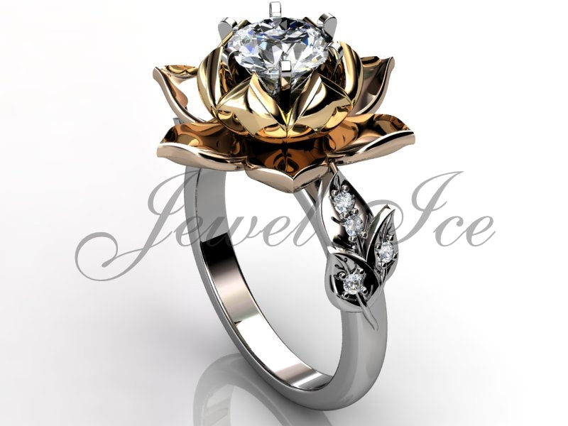 Lotus Flower Engagement Ring - 14k White, Rose & Yellow Gold Diamond Unique Lotus Flower Engagement Ring, Lotus Flower Ring