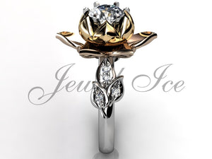 Lotus Flower Engagement Ring - 14k White, Rose & Yellow Gold Diamond Unique Lotus Flower Engagement Ring, Lotus Flower Ring