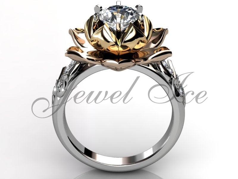 Lotus Flower Engagement Ring - 14k White, Rose & Yellow Gold Diamond Unique Lotus Flower Engagement Ring, Lotus Flower Ring