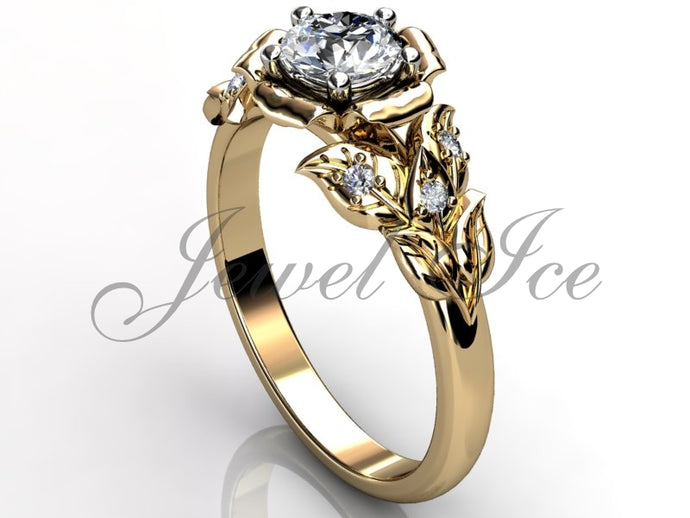Leaves & Flower Engagement Ring - 14k Yellow Gold Diamond Unique Leaf and Flower Engagement Ring, Leaf and Flower Wedding Ring