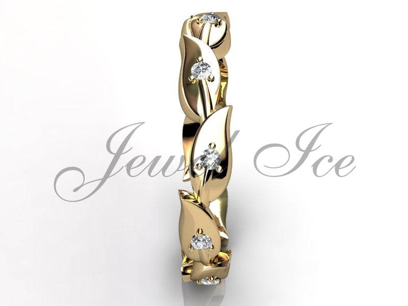 Floral Wedding Band - 14k Yellow Gold Diamond Unusual Unique Leaf and Vine Floral Wedding Band