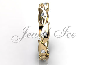 Floral Wedding Band - 14k Yellow Gold Diamond Unusual Unique Leaf and Vine Floral Wedding Band