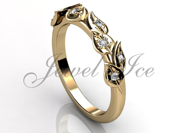 Floral Wedding Band - 14k Yellow Gold Diamond Unusual Unique Leaf and Vine Floral Wedding Band