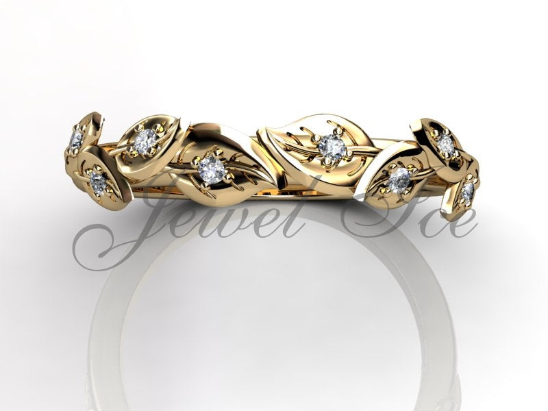 Floral Wedding Band - 14k Yellow Gold Diamond Unusual Unique Leaf and Vine Floral Wedding Band