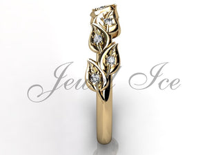 Floral Wedding Band - 14k Yellow Gold Diamond Unusual Unique Leaf and Vine Floral Wedding Band