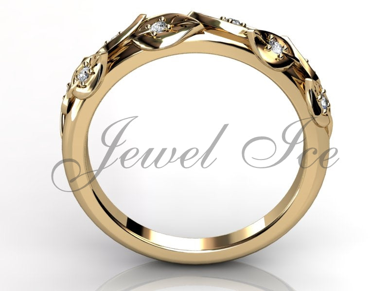 Floral Wedding Band - 14k Yellow Gold Diamond Unusual Unique Leaf and Vine Floral Wedding Band