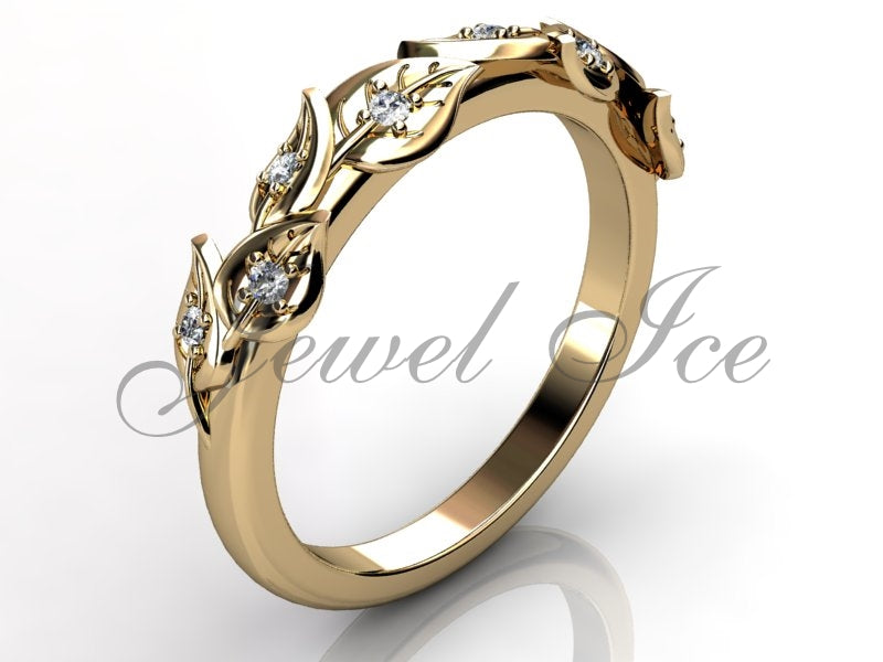 Floral Wedding Band - 14k Yellow Gold Diamond Unusual Unique Leaf and Vine Floral Wedding Band