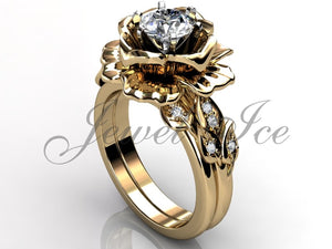 14k Yellow Gold Diamond Unusual Unique Flower Engagement Ring, Floral Wedding Ring, Flower Wedding Band Engagement Ring Set