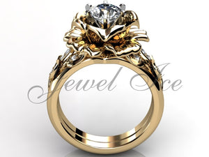 14k Yellow Gold Diamond Unusual Unique Flower Engagement Ring, Floral Wedding Ring, Flower Wedding Band Engagement Ring Set