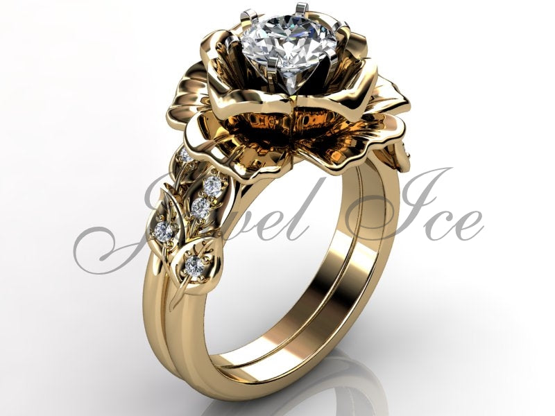 14k Yellow Gold Diamond Unusual Unique Flower Engagement Ring, Floral Wedding Ring, Flower Wedding Band Engagement Ring Set