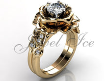 Load image into Gallery viewer, 14k Yellow Gold Diamond Unusual Unique Flower Engagement Ring, Floral Wedding Ring, Flower Wedding Band Engagement Ring Set