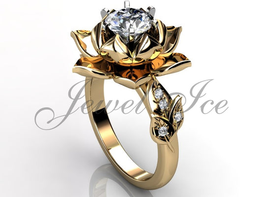 Lotus Flower Engagement Ring - 14k Yellow Gold Diamond Unusual Unique Lotus Flower Engagement Ring, Lotus Flower Wedding Ring