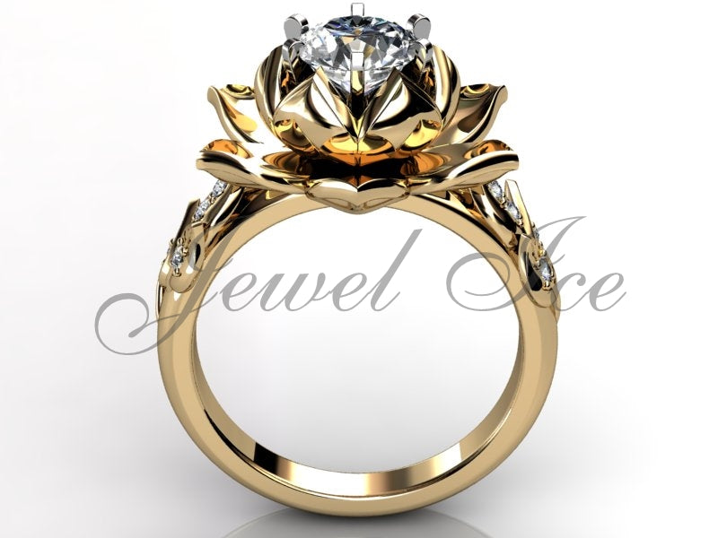 Lotus Flower Engagement Ring - 14k Yellow Gold Diamond Unusual Unique Lotus Flower Engagement Ring, Lotus Flower Wedding Ring