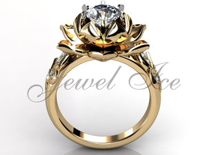 Lotus Flower Engagement Ring - 14k Yellow Gold Diamond Unusual Unique Lotus Flower Engagement Ring, Lotus Flower Wedding Ring